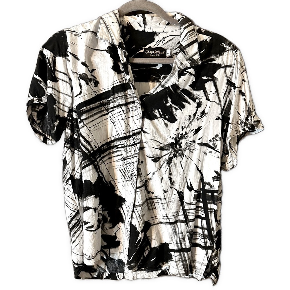 Jams World Caprice Camp Shirt Black White Splatter Tie Dye Button Blouse Large